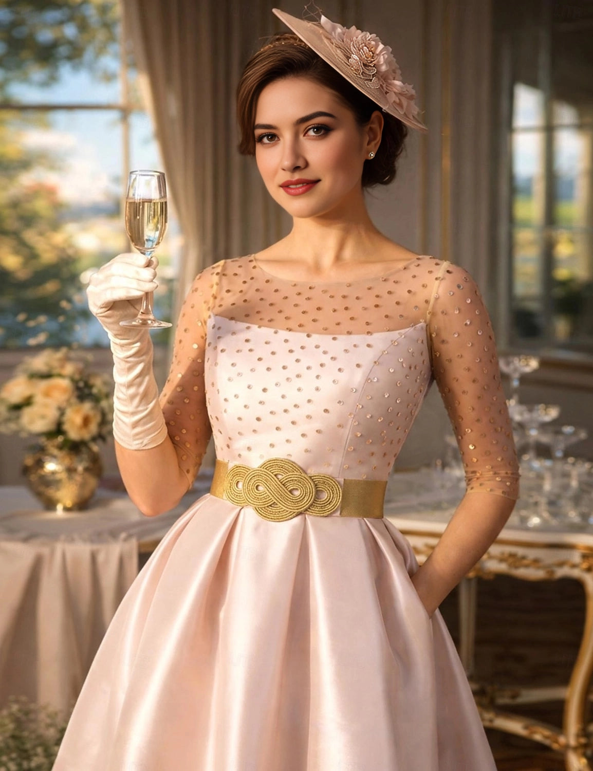 Vedress blush pink gold polka dot tulle 3/4 sleeve vintage satin midi prom dress front indoor palace view